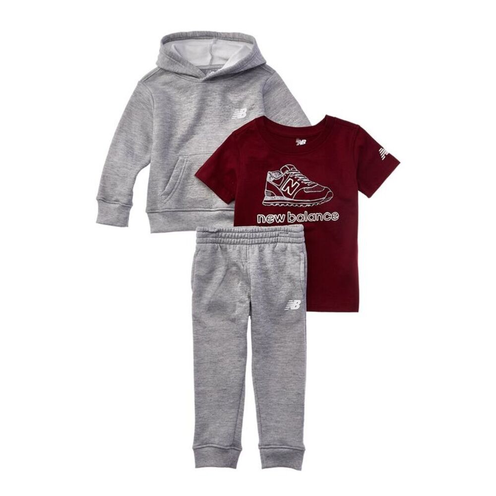 New Balance Boys  3Pc Fleece Hoodie, T-Shirt & Jogger Set, Grey